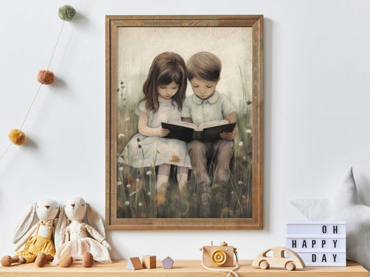 Kids Reading Wall Art, Sibling Print, Toddler Room Decor, Inspire Learning - WildfieldPrints