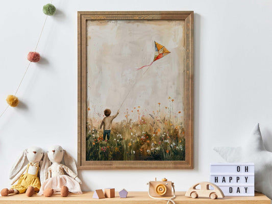 Kite Nursery Wall Art, Boy Flying Kite Decor, Adventure Room Decor - WildfieldPrints