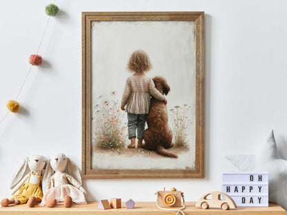 Labradoodle Nursery Art, Girl & Dog Wall Decor, Brown Dog Print - WildfieldPrints