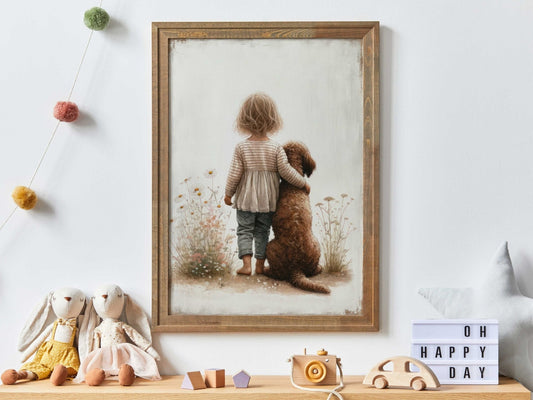 Labradoodle Nursery Art, Girl & Dog Wall Decor, Brown Dog Print - WildfieldPrints