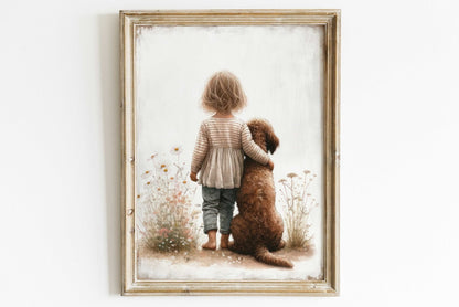 Labradoodle Nursery Art, Girl & Dog Wall Decor, Brown Dog Print - WildfieldPrints