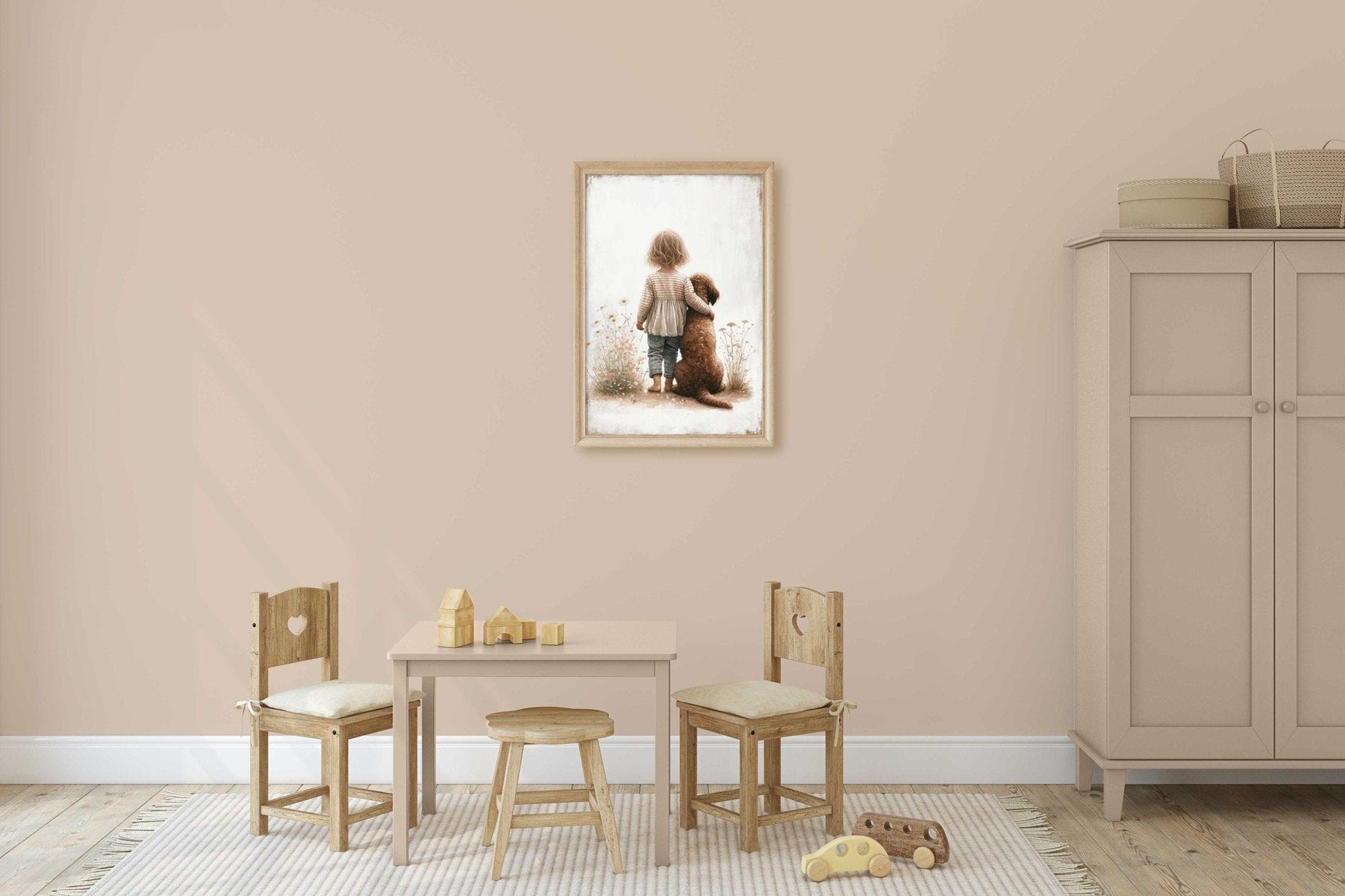Labradoodle Nursery Art, Girl & Dog Wall Decor, Brown Dog Print - WildfieldPrints