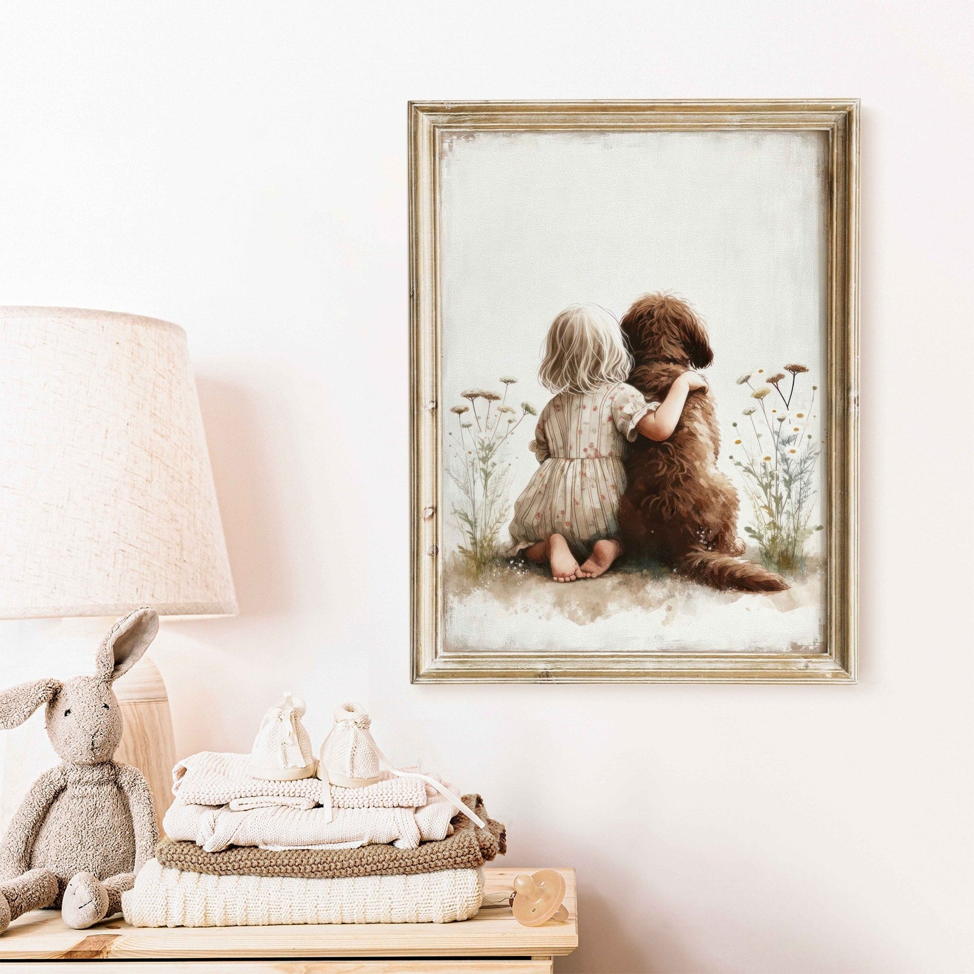 Labradoodle Nursery Print, Girl & Dog Wall Decor, Brown Dog Art - WildfieldPrints
