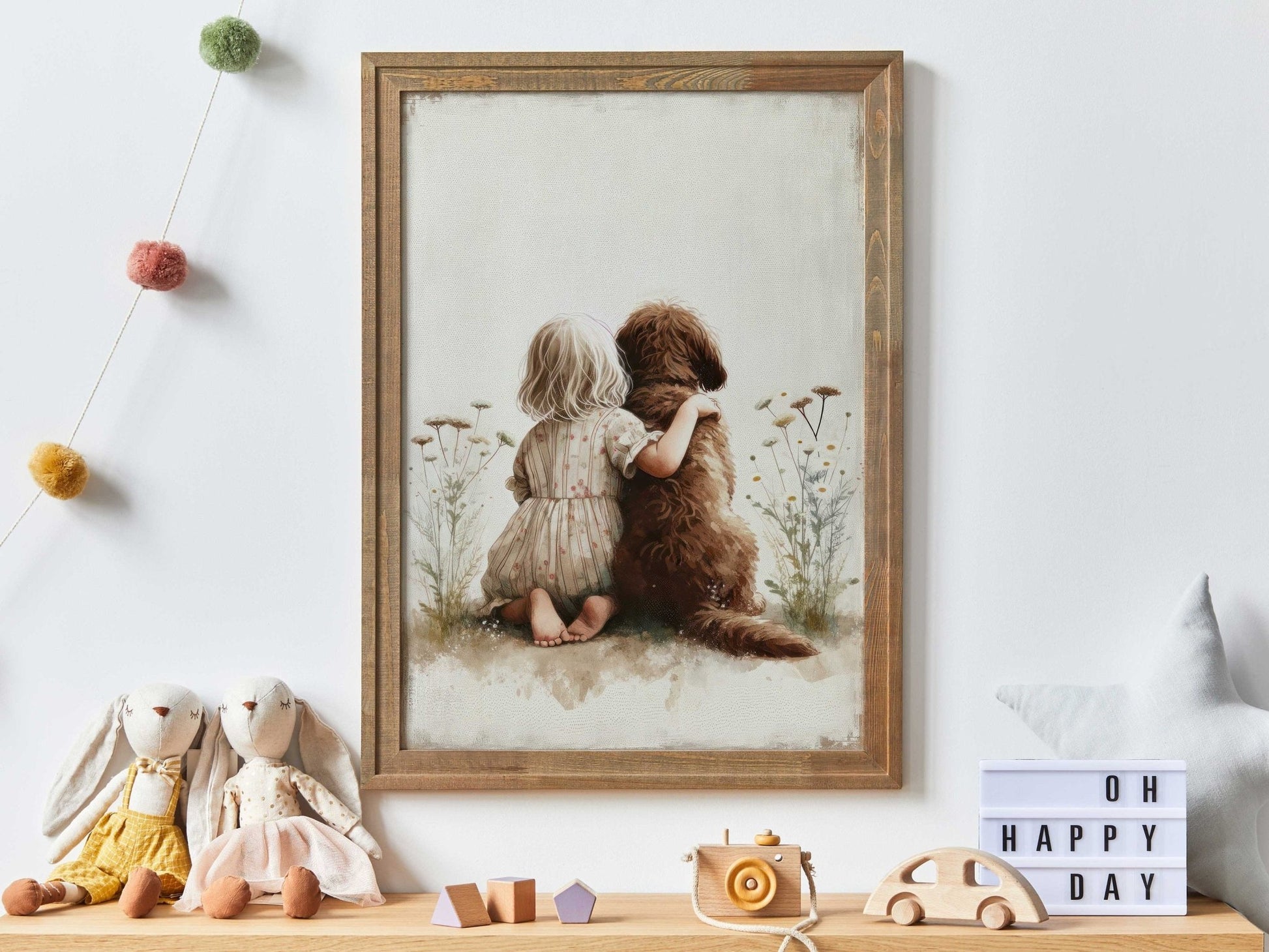 Labradoodle Nursery Print, Girl & Dog Wall Decor, Brown Dog Art - WildfieldPrints