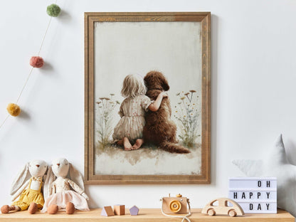 Labradoodle Nursery Print, Girl & Dog Wall Decor, Brown Dog Art - WildfieldPrints