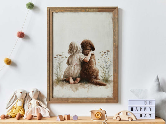 Labradoodle Nursery Print, Girl & Dog Wall Decor, Brown Dog Art - WildfieldPrints