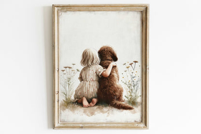 Labradoodle Nursery Print, Girl & Dog Wall Decor, Brown Dog Art - WildfieldPrints