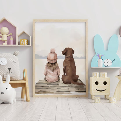 Labrador Nursery Art, Brown Lab Print, Girl & Dog Wall Decor - WildfieldPrints