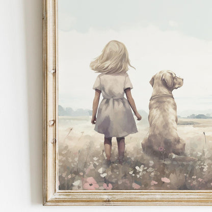 Labrador Nursery Art, Yellow Lab Print, Blonde Girl & Dog Painting, Dog Nursery Print, Lab Mom Gift, Printable Dog Wall Decor - My Store