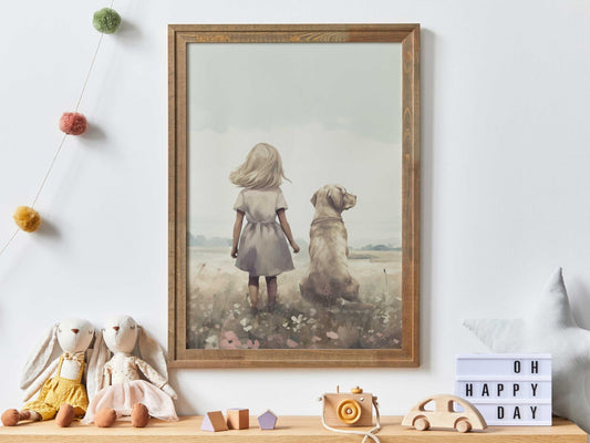 Labrador Nursery Art, Yellow Lab Print, Blonde Girl & Dog Painting, Dog Nursery Print, Lab Mom Gift, Printable Dog Wall Decor - My Store