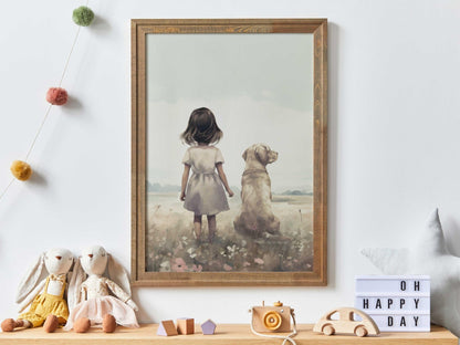 Labrador Nursery Art, Yellow Lab Print, Girl & Dog Painting - WildfieldPrints