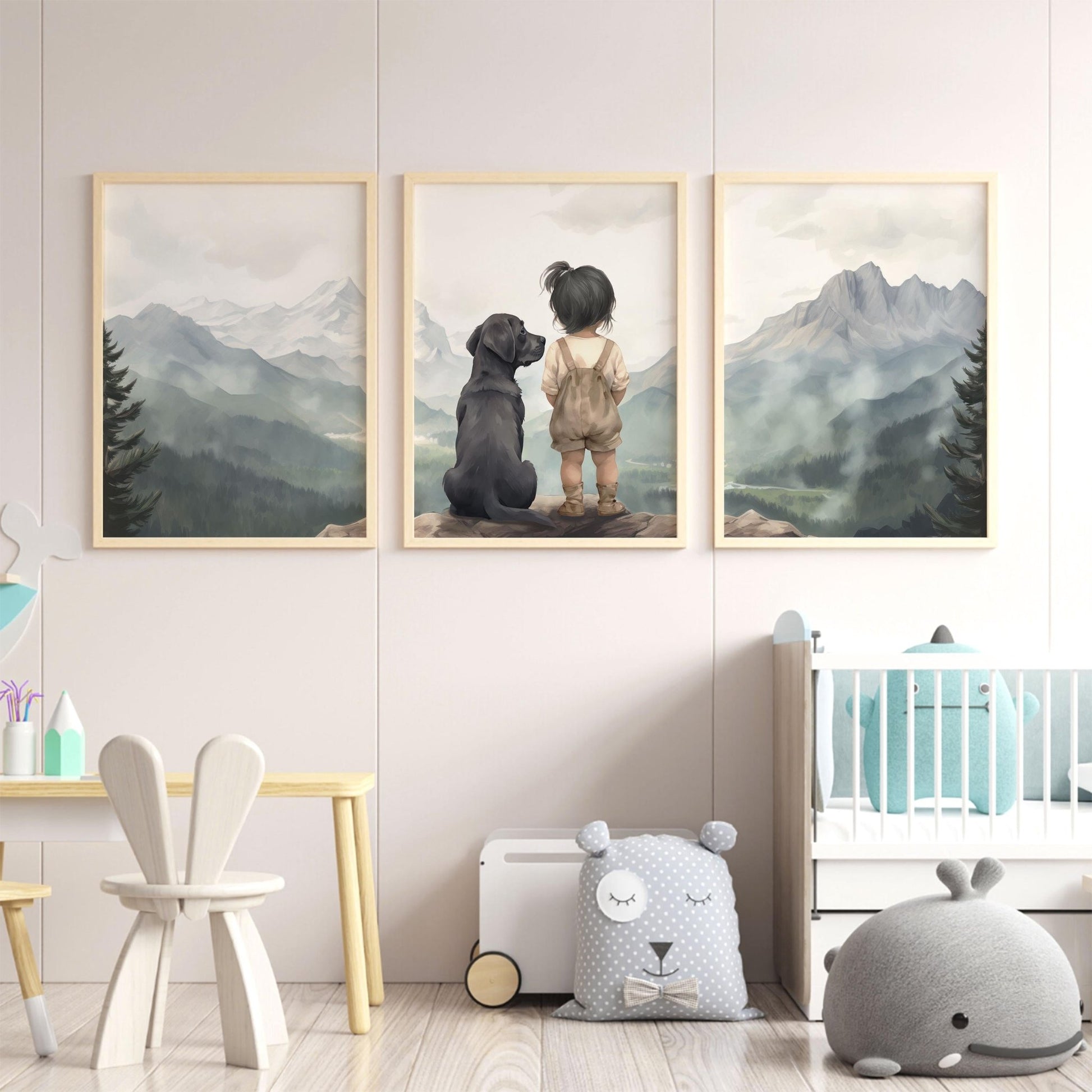 Labrador Nursery Decor, Black Labrador Wall Art, Girl & Dog Painting - WildfieldPrints