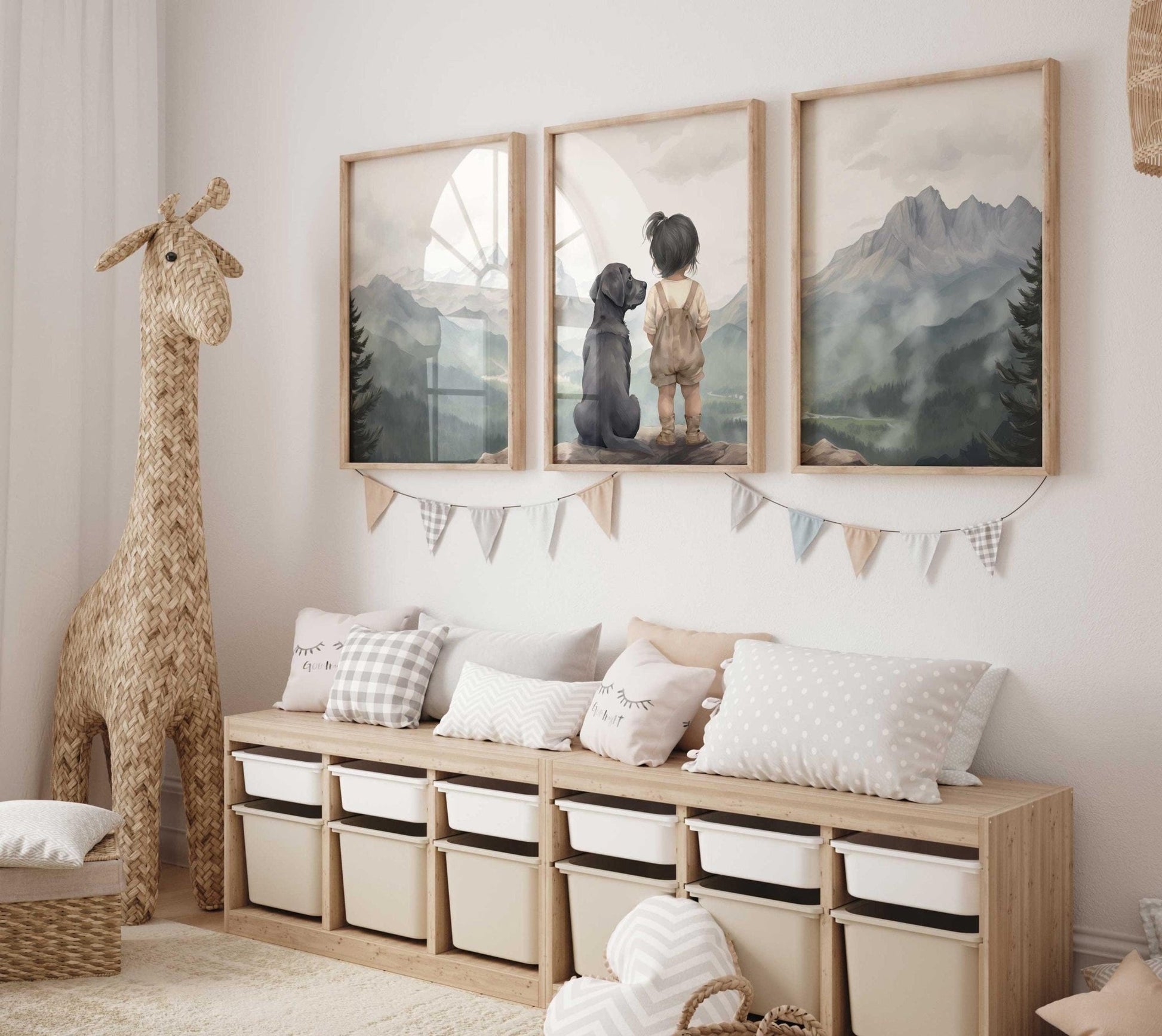 Labrador Nursery Decor, Black Labrador Wall Art, Girl & Dog Painting - WildfieldPrints