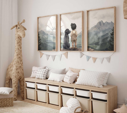 Labrador Nursery Decor, Black Labrador Wall Art, Girl & Dog Painting - WildfieldPrints
