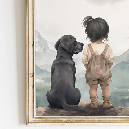 Labrador Nursery Decor, Black Labrador Wall Art, Girl & Dog Painting - WildfieldPrints