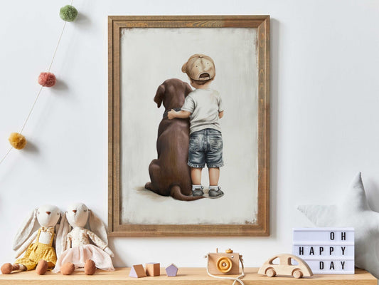 Labrador Nursery Decor, Boy and Dog Art Print, Brown Lab Wall Art - WildfieldPrints