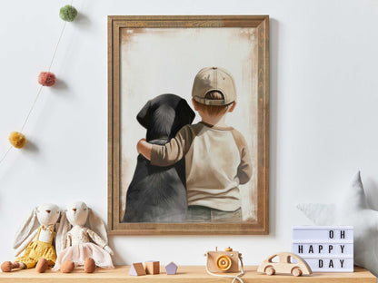 Labrador Nursery Decor, Boy & Dog Art, Black Lab Wall Print - WildfieldPrints