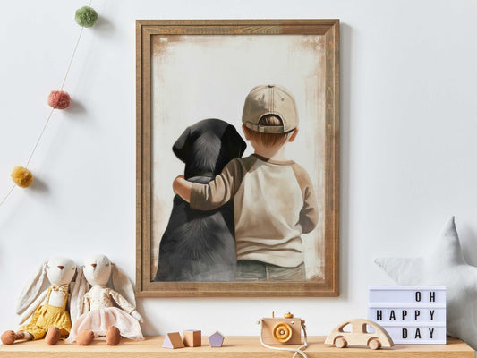Labrador Nursery Decor, Boy & Dog Art, Black Lab Wall Print - WildfieldPrints