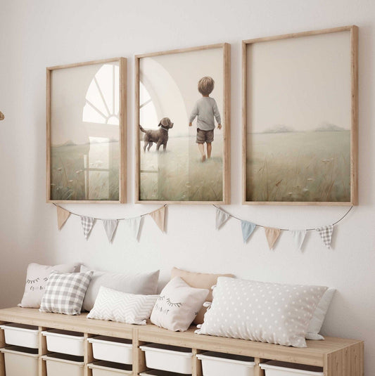 Labrador Nursery Decor, Boy & Dog Wall Art, Puppy Room Painting - WildfieldPrints