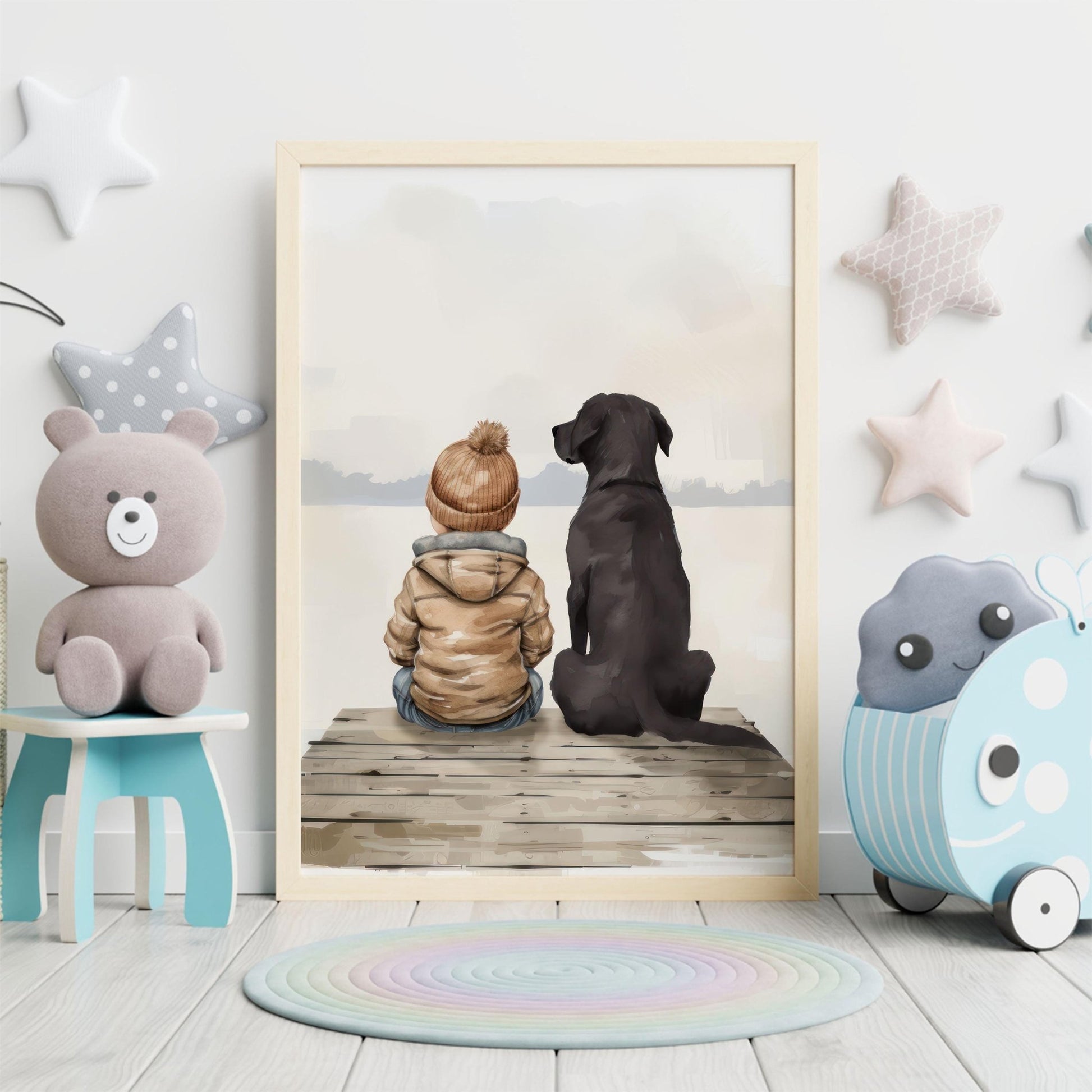 Labrador Nursery Decor, Boy & Labrador Art, Black Retriever Print - WildfieldPrints