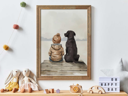 Labrador Nursery Decor, Boy & Labrador Art, Black Retriever Print - WildfieldPrints