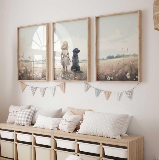 Labrador Nursery Decor, Girl & Dog Painting, Black Lab Wall Art - WildfieldPrints