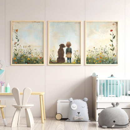 Labrador Nursery Decor, Girl & Dog Painting, Brown Lab Wall Art - WildfieldPrints