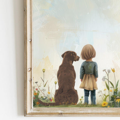 Labrador Nursery Decor, Girl & Dog Painting, Brown Lab Wall Art - WildfieldPrints