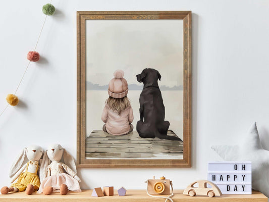 Labrador Nursery Print, Black Lab Art, Girl & Dog Decor, Lake Theme - WildfieldPrints
