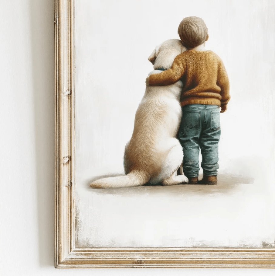 Labrador Nursery Print, Boy & Dog Wall Art, Yellow Labrador Decor - WildfieldPrints