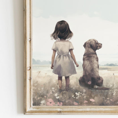 Labrador Nursery Print, Girl & Dog Art, Wildflower Wall Decor - WildfieldPrints