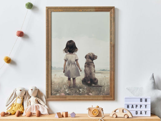 Labrador Nursery Print, Girl & Dog Art, Wildflower Wall Decor - WildfieldPrints