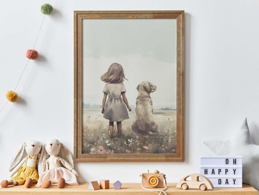 Labrador Nursery Print, Yellow Lab Wall Art, Girl & Dog Decor - WildfieldPrints