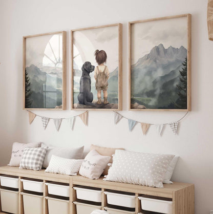 Labrador Nursery Wall Decor, Black Lab Art, Girl & Dog Painting - WildfieldPrints