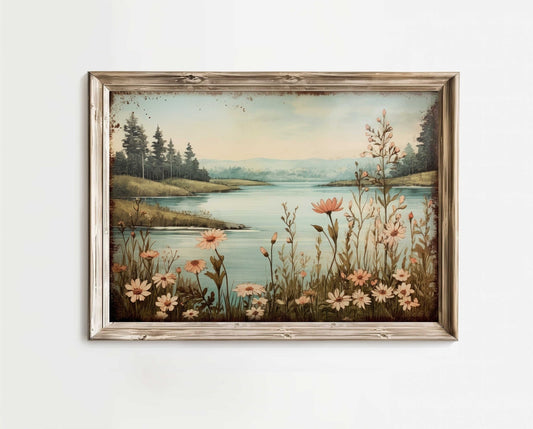 Lake Art Print, Forest & Mountain Landscape, Wildflower Wall Decor - WildfieldPrints