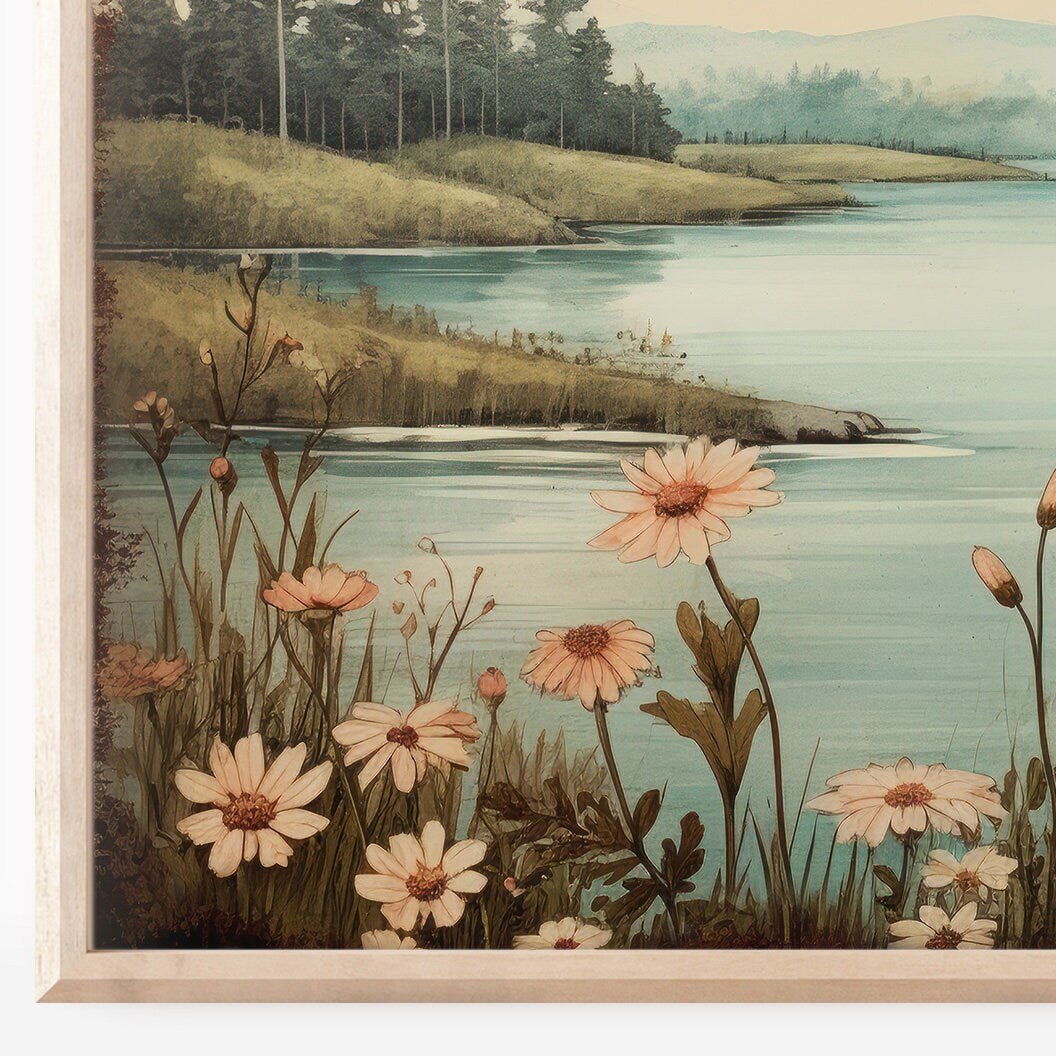 Lake Art Print, Forest & Mountain Landscape, Wildflower Wall Decor - WildfieldPrints