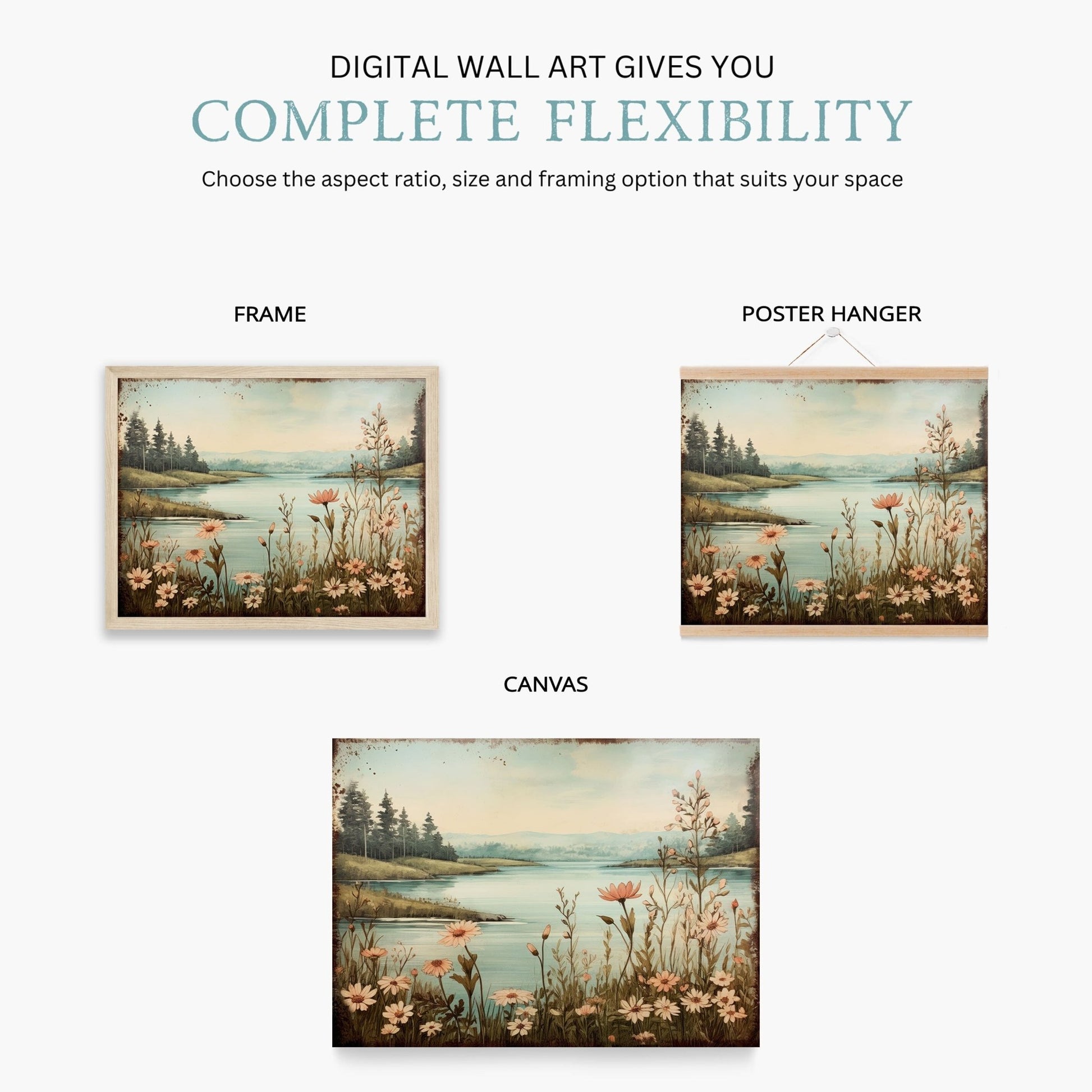 Lake Art Print, Forest & Mountain Landscape, Wildflower Wall Decor - WildfieldPrints