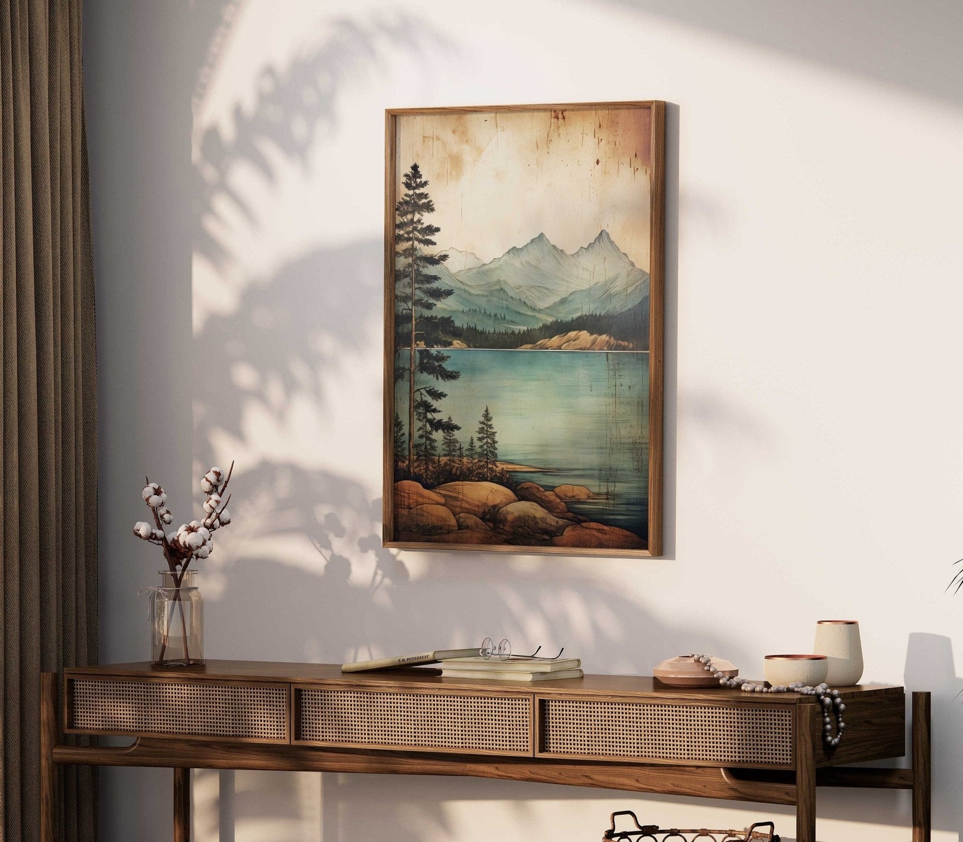 Lake & Mountain Art, Rustic Nature Painting, Vintage Wall Decor - WildfieldPrints