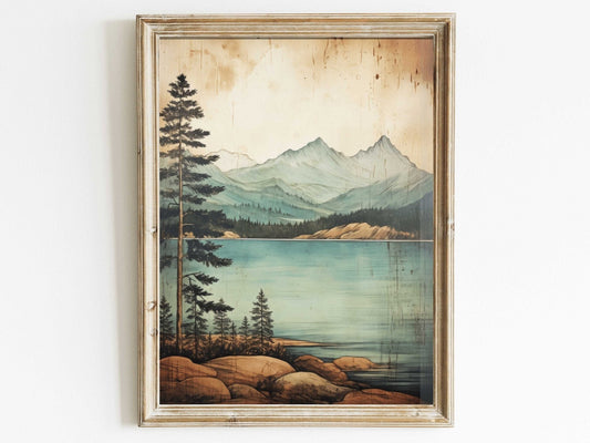 Lake & Mountain Art, Rustic Nature Painting, Vintage Wall Decor - WildfieldPrints