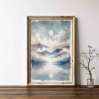 Lake & Mountain Print, Rustic Nursery Decor, Serene Nature Artwork - WildfieldPrints
