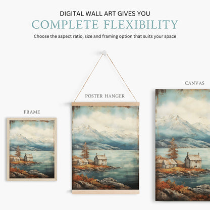 Lake & Mountain Wall Art, Rustic Landscape Decor, Vintage Nature Print - WildfieldPrints