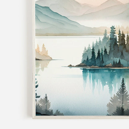Lake & Mountain Wall Art, Watercolor Forest Landscape, Teal Bedroom Decor - WildfieldPrints