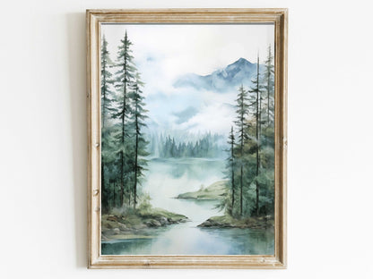 Lake & Mountain Wall Art, Watercolor Forest Landscape, Teal Bedroom Decor - WildfieldPrints