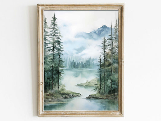 Lake & Mountain Wall Art, Watercolor Forest Landscape, Teal Bedroom Decor - WildfieldPrints