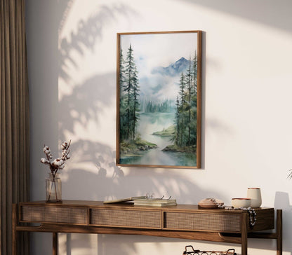 Lake & Mountain Wall Art, Watercolor Forest Landscape, Teal Bedroom Decor - WildfieldPrints