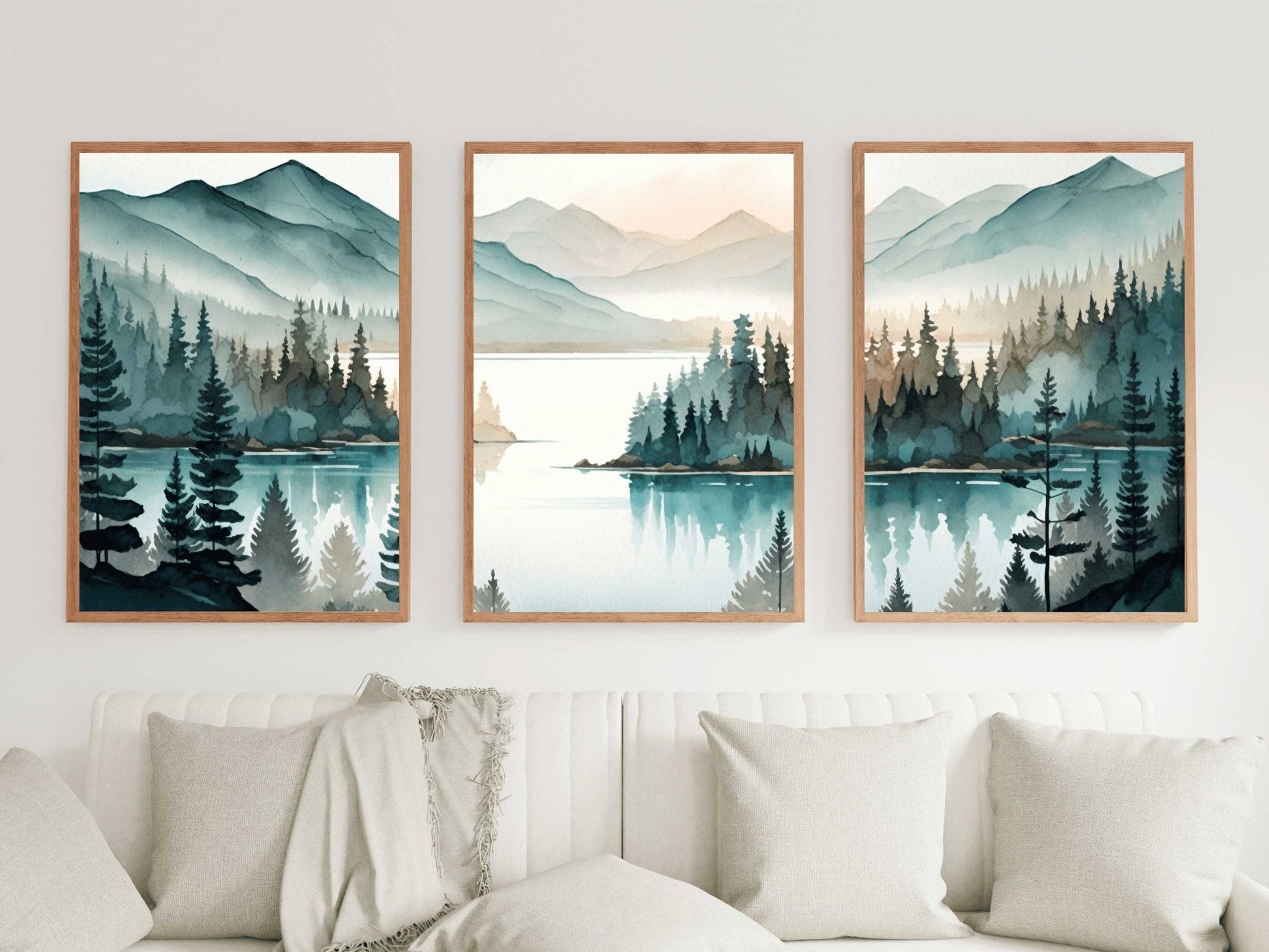 Lake & Mountain Wall Art, Watercolor Forest Landscape, Teal Bedroom Decor - WildfieldPrints