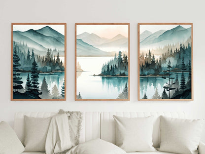 Lake & Mountain Wall Art, Watercolor Forest Landscape, Teal Bedroom Decor - WildfieldPrints