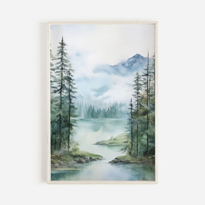 Lake & Mountain Wall Art, Watercolor Forest Landscape, Teal Bedroom Decor - WildfieldPrints