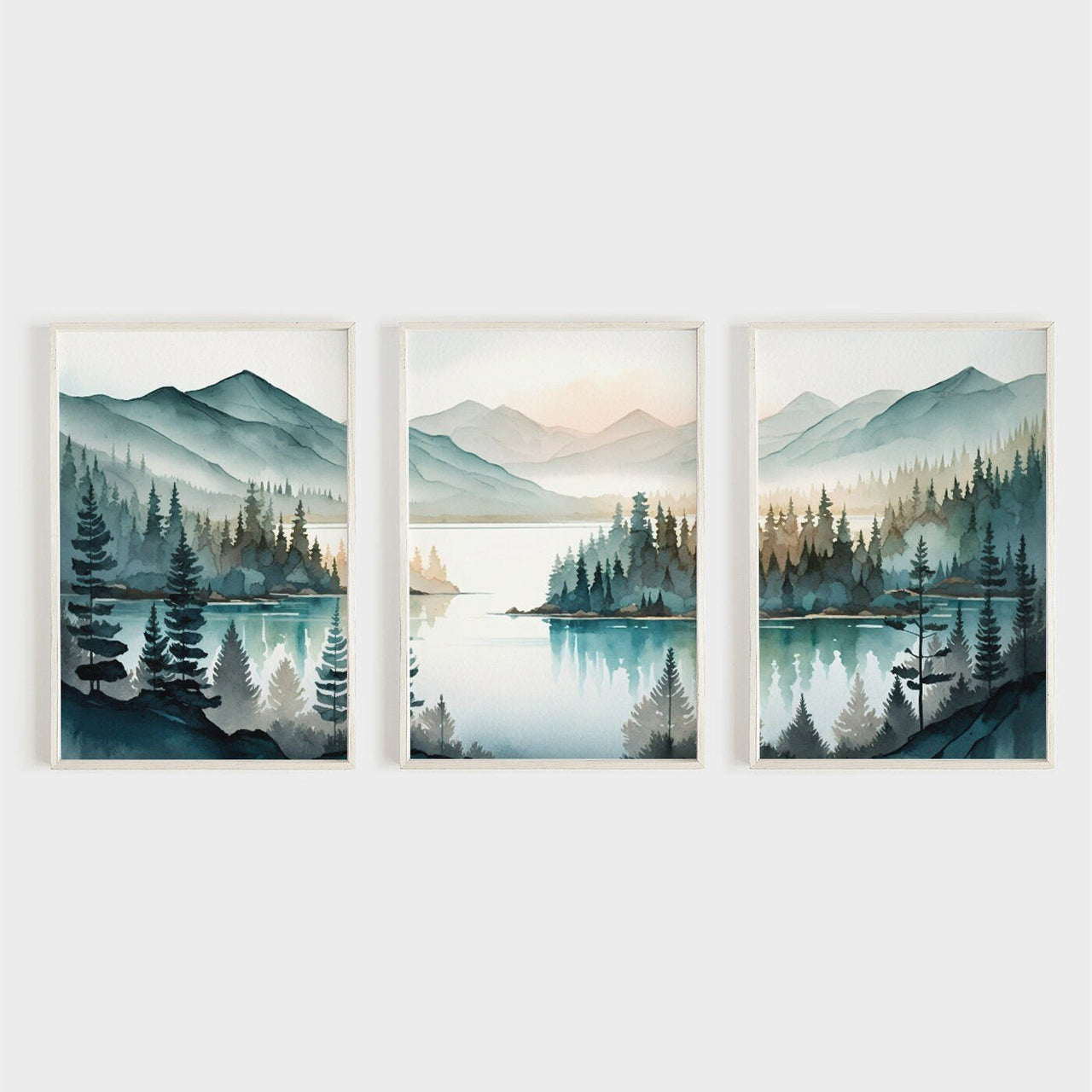Lake & Mountain Wall Art – Landscape Living Room Print • Set of 3