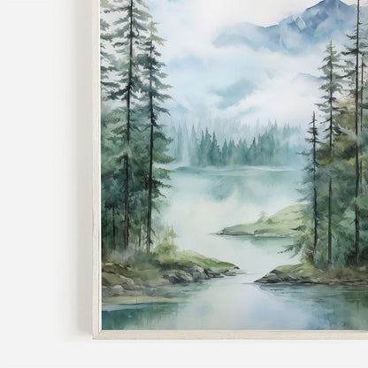 Lake & Mountain Wall Art, Watercolor Forest Landscape, Teal Bedroom Decor - WildfieldPrints